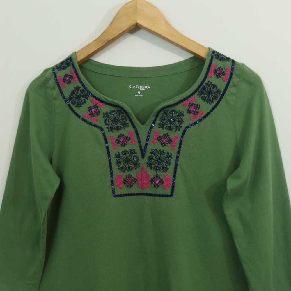 Kim Rogers Cotton Green Sequin Embroidered Top - Picture 2 of 9